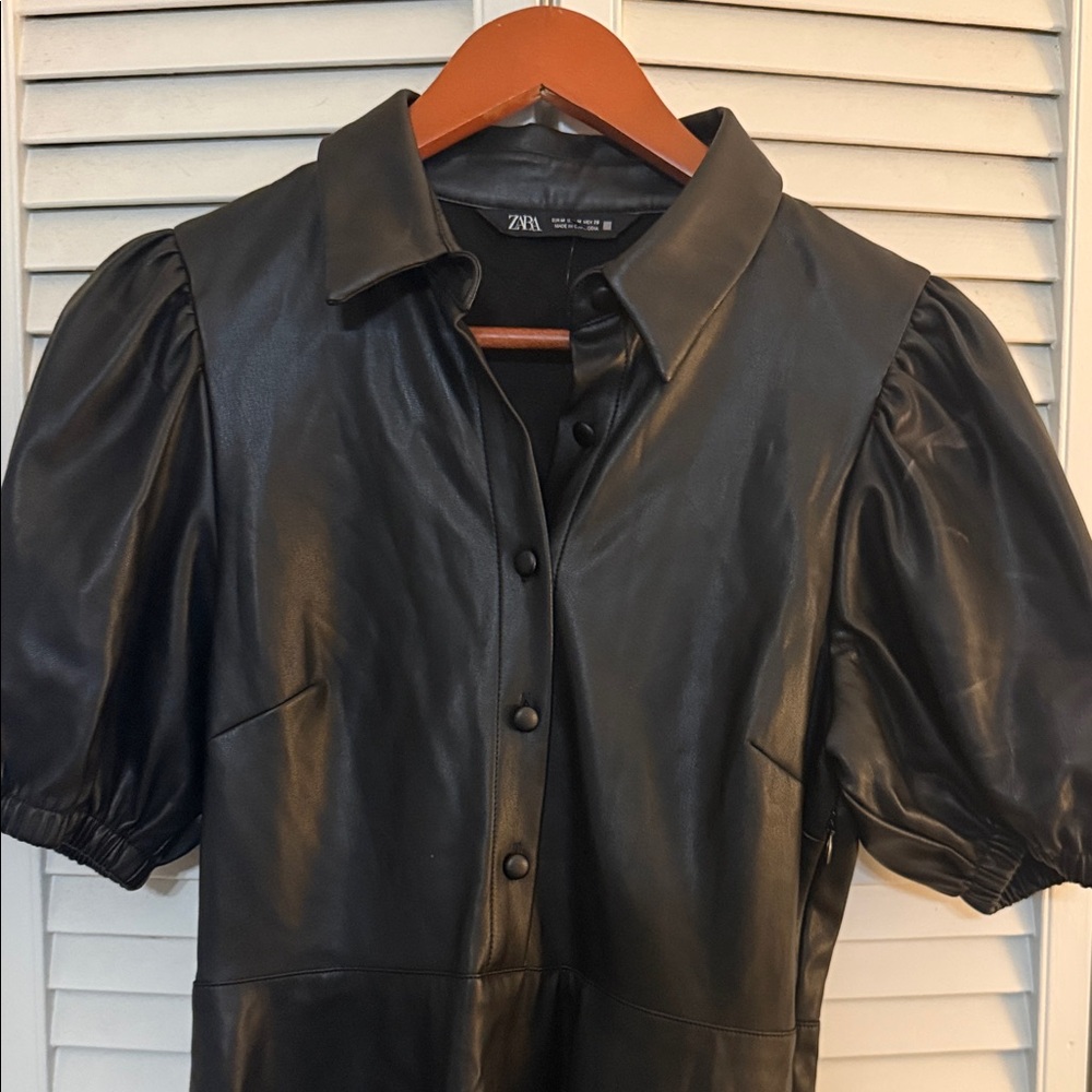 Zara Black Faux Leather Puff Sleeve Dress